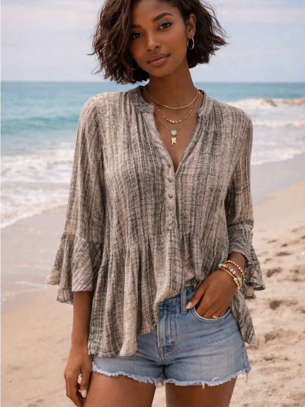 New Directions Striped Tan Peasant Tunic Top